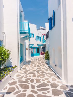 Beautiful Architecture building Exterior with santorini and greece style - Vintage light filter