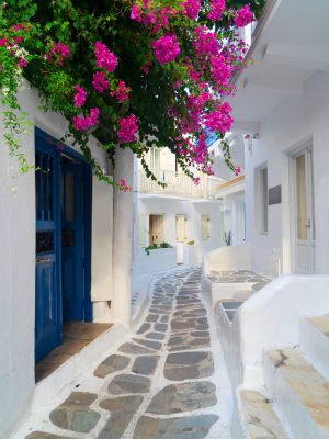 typical coloful white street of Mykonos island, Greece
