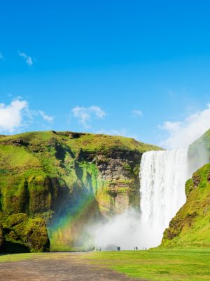 Panoramic view of Skogafoss waterfall, southern Iceland. Beautiful summer landscape